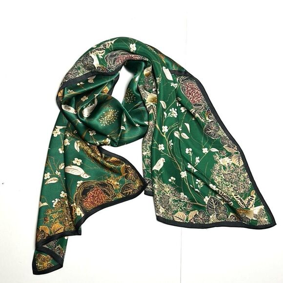 Silk Oblong Scarf Green Floral Birds Butterflies Print 20x66” - Picture 2 of 10